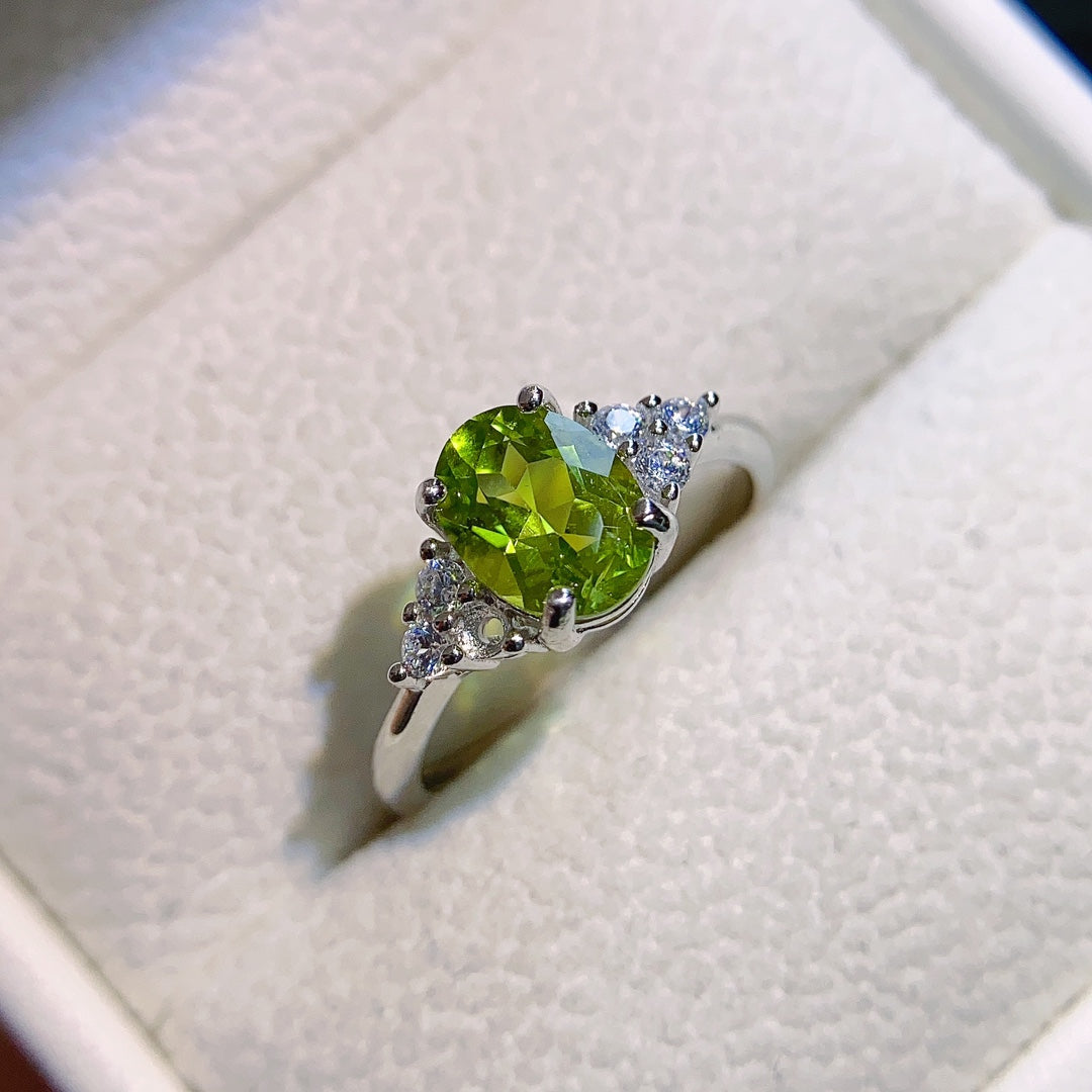 Natural Peridot Adjustable Ring, 4-Prong Minimalist Design, High Quality Gold Plated, High Clarity & Brilliance, 925 Silver Setting, 6x8mm, Open Band