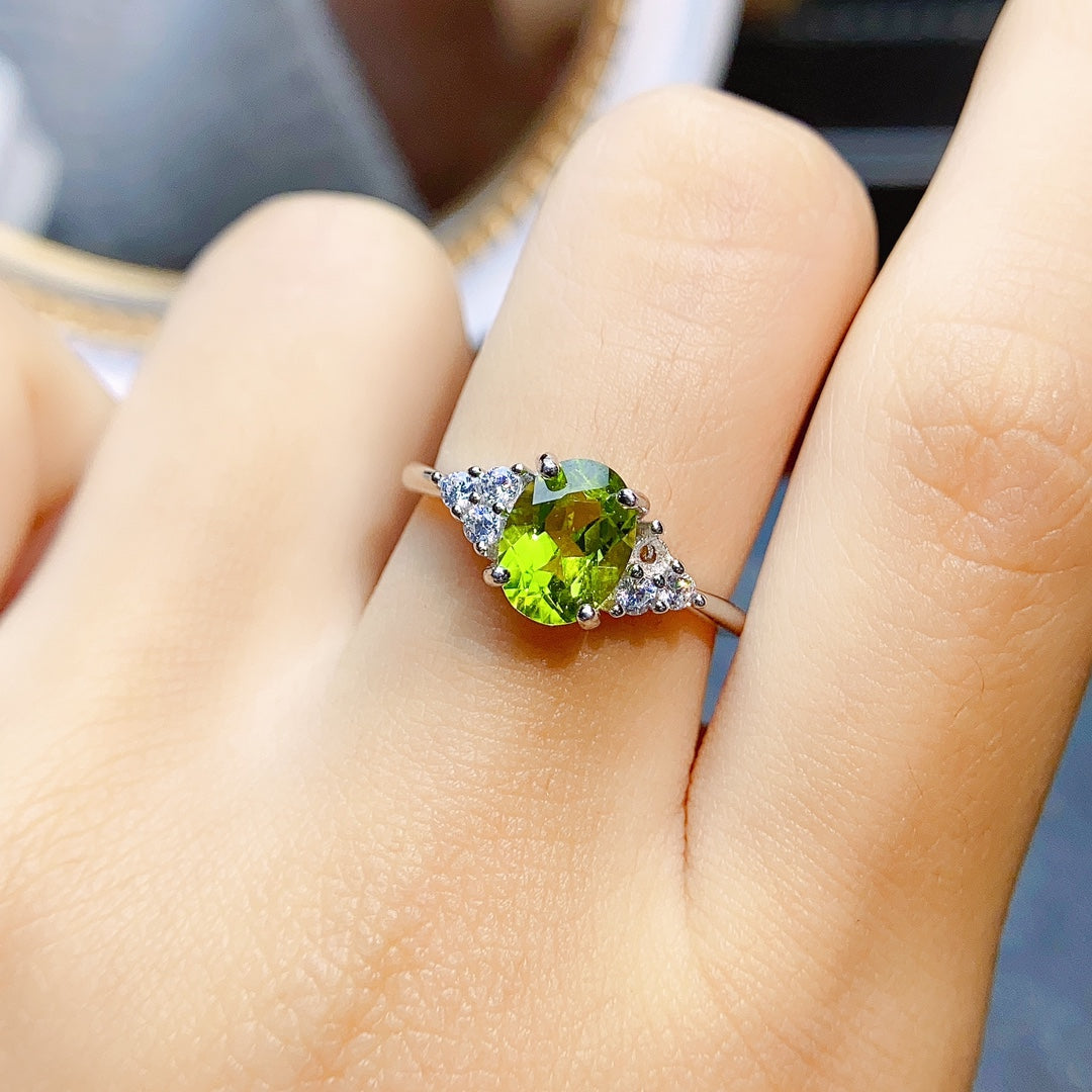Natural Peridot Adjustable Ring, 4-Prong Minimalist Design, High Quality Gold Plated, High Clarity & Brilliance, 925 Silver Setting, 6x8mm, Open Band