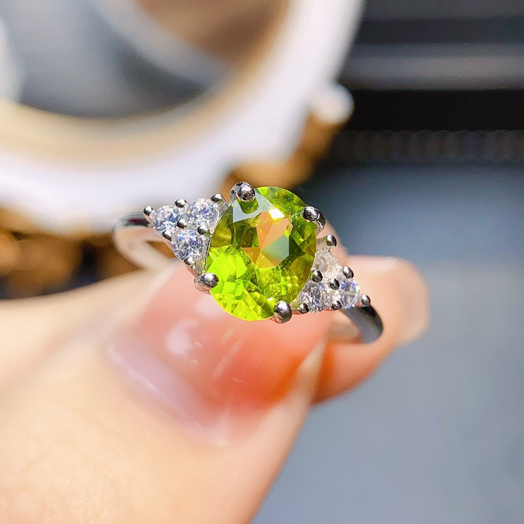 Natural Peridot Adjustable Ring, 4-Prong Minimalist Design, High Quality Gold Plated, High Clarity & Brilliance, 925 Silver Setting, 6x8mm, Open Band