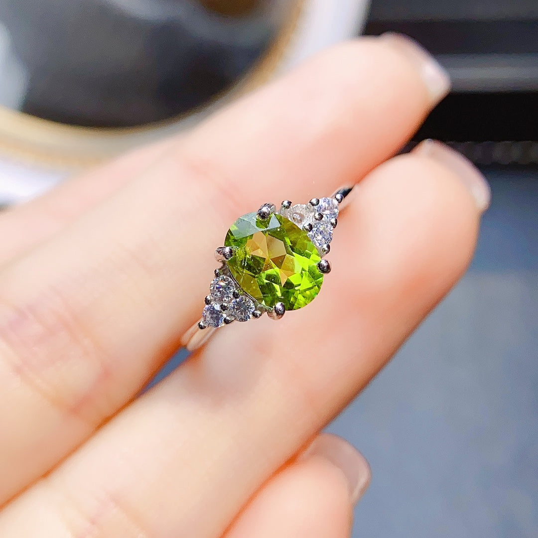 Natural Peridot Adjustable Ring, 4-Prong Minimalist Design, High Quality Gold Plated, High Clarity & Brilliance, 925 Silver Setting, 6x8mm, Open Band