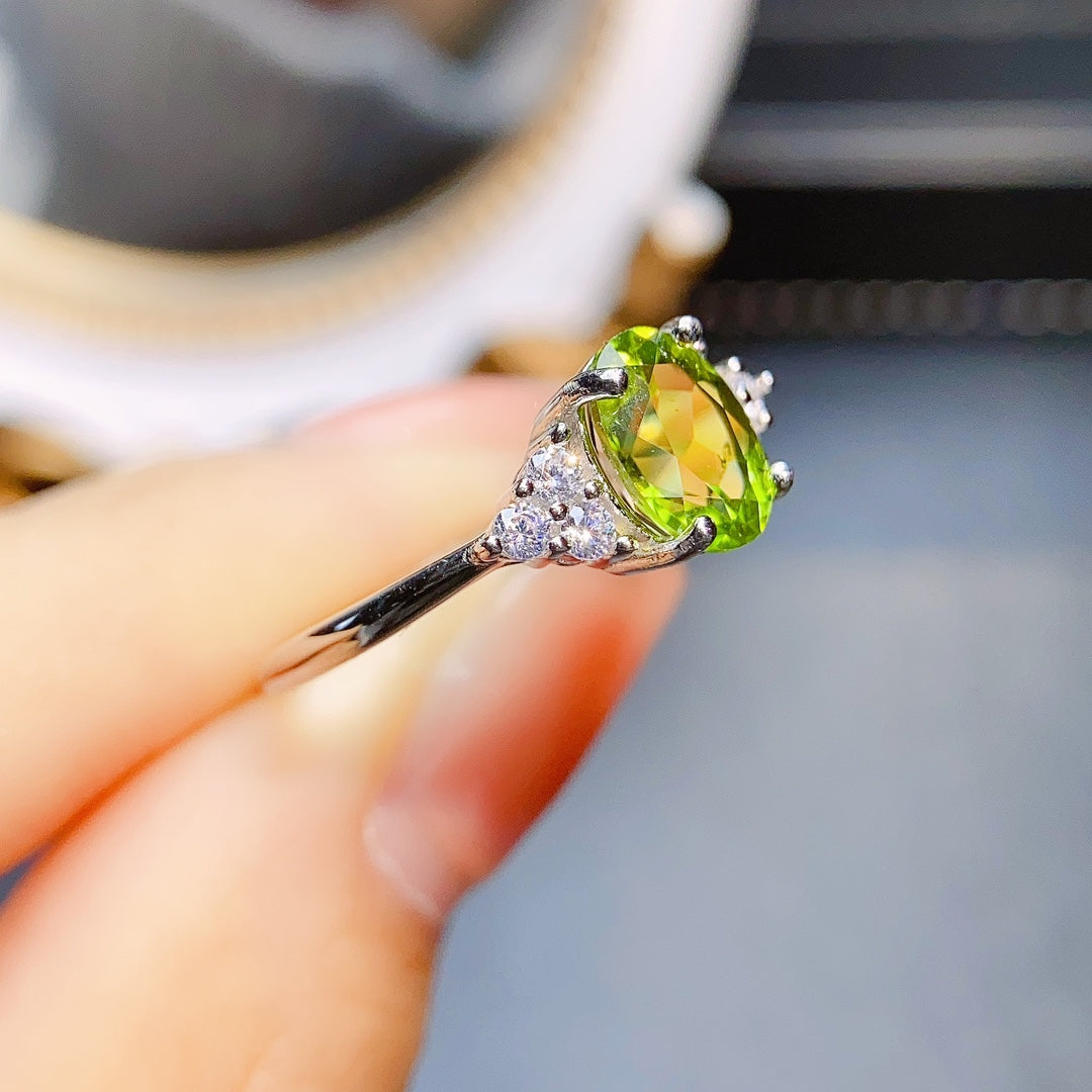 Natural Peridot Adjustable Ring, 4-Prong Minimalist Design, High Quality Gold Plated, High Clarity & Brilliance, 925 Silver Setting, 6x8mm, Open Band