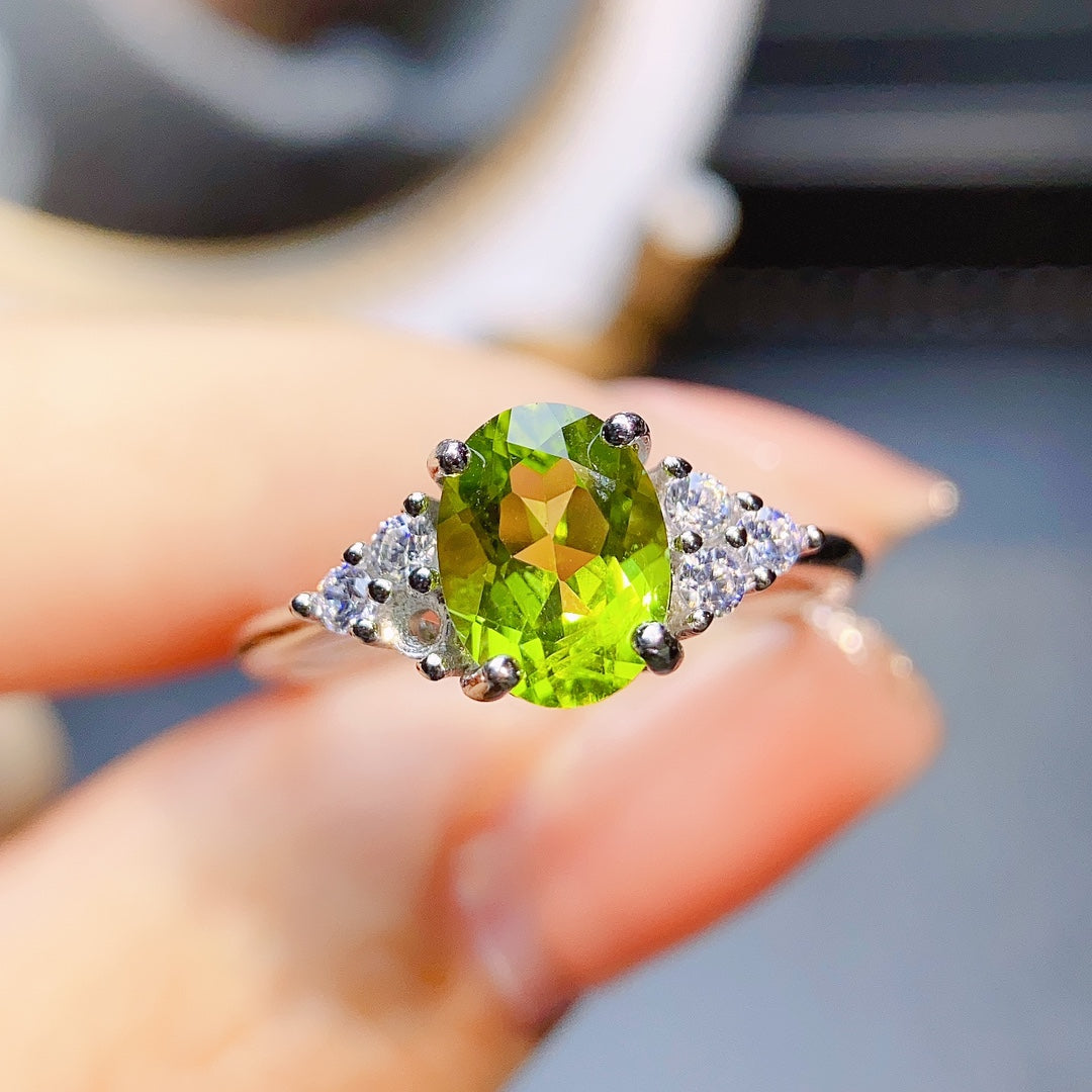 Natural Peridot Adjustable Ring, 4-Prong Minimalist Design, High Quality Gold Plated, High Clarity & Brilliance, 925 Silver Setting, 6x8mm, Open Band