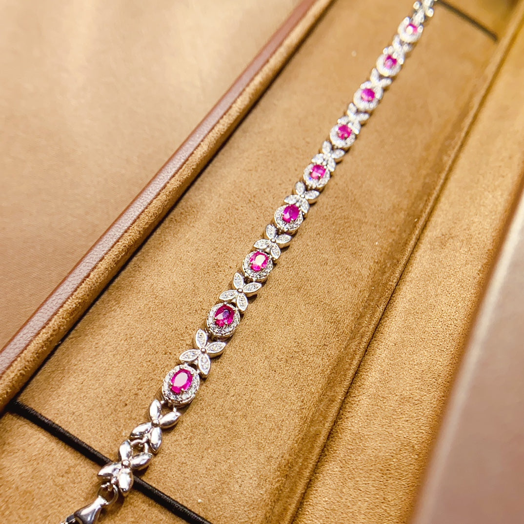 Natural Ruby Bracelet, 925 Silver Setting, Simple Elegant Design, 9pcs 3x4mm Gems, Minimalist Luxury Silver Setting