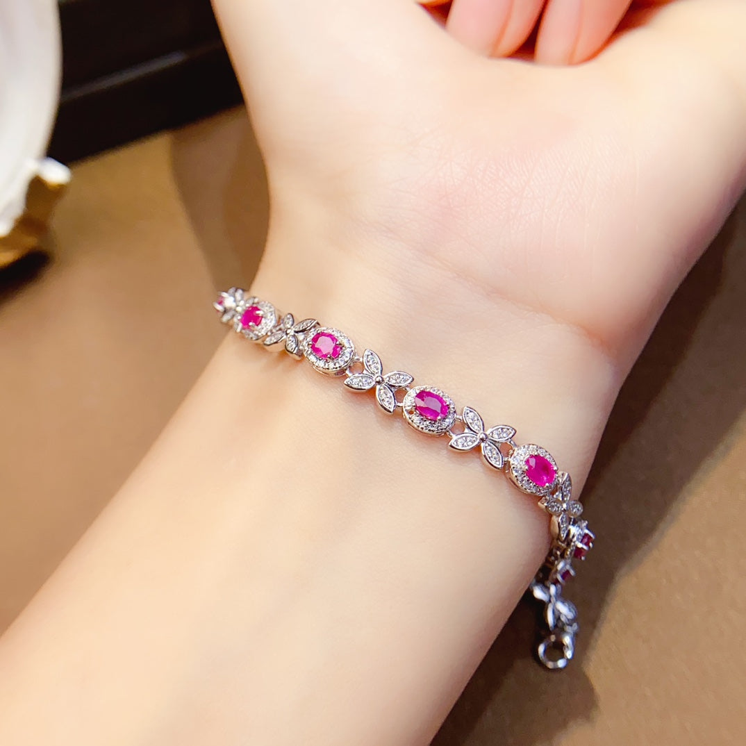 Natural Ruby Bracelet, 925 Silver Setting, Simple Elegant Design, 9pcs 3x4mm Gems, Minimalist Luxury Silver Setting