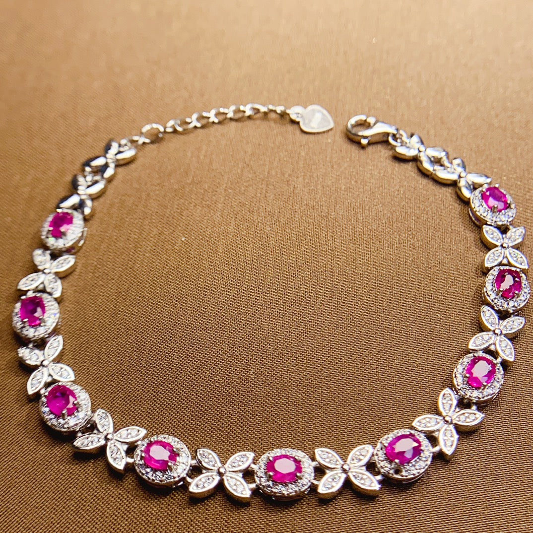 Natural Ruby Bracelet, 925 Silver Setting, Simple Elegant Design, 9pcs 3x4mm Gems, Minimalist Luxury Silver Setting