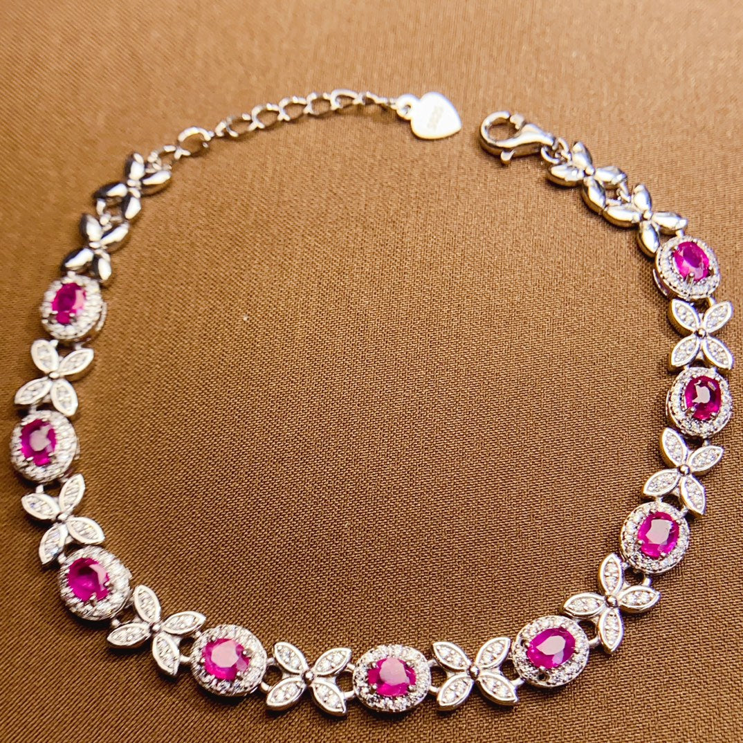 Natural Ruby Bracelet, 925 Silver Setting, Simple Elegant Design, 9pcs 3x4mm Gems, Minimalist Luxury Silver Setting