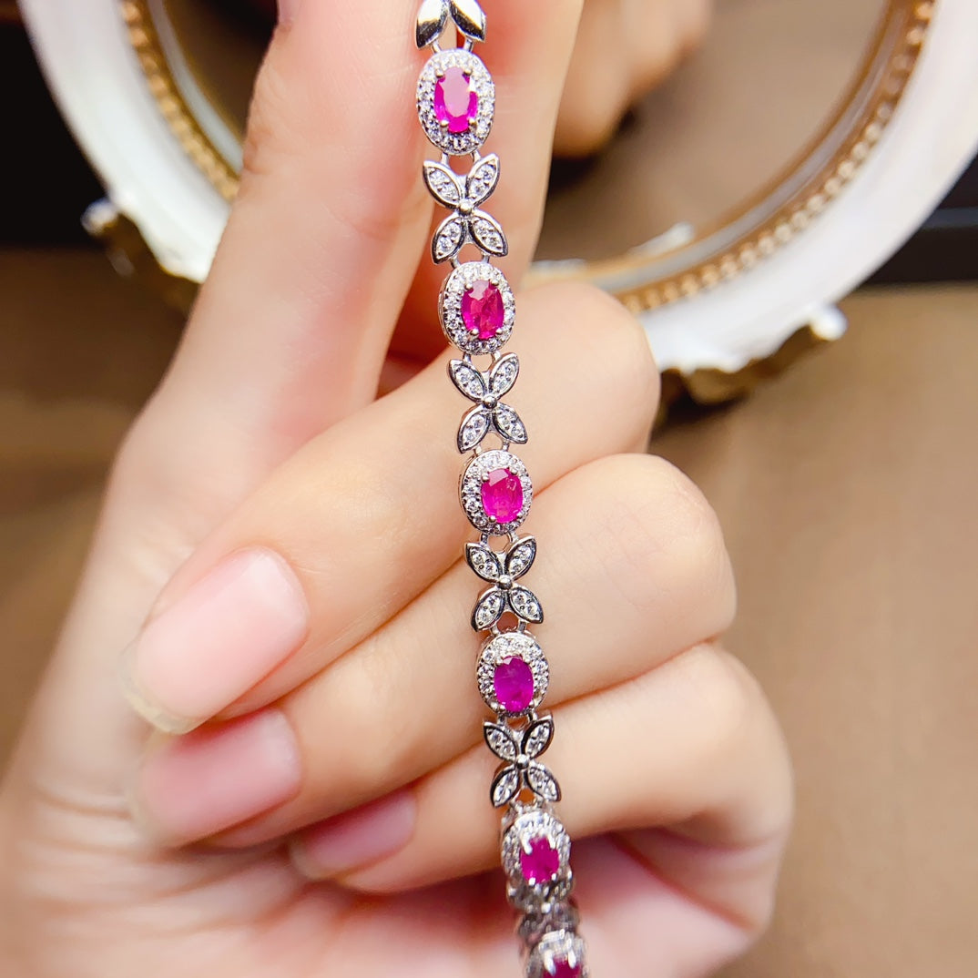 Natural Ruby Bracelet, 925 Silver Setting, Simple Elegant Design, 9pcs 3x4mm Gems, Minimalist Luxury Silver Setting