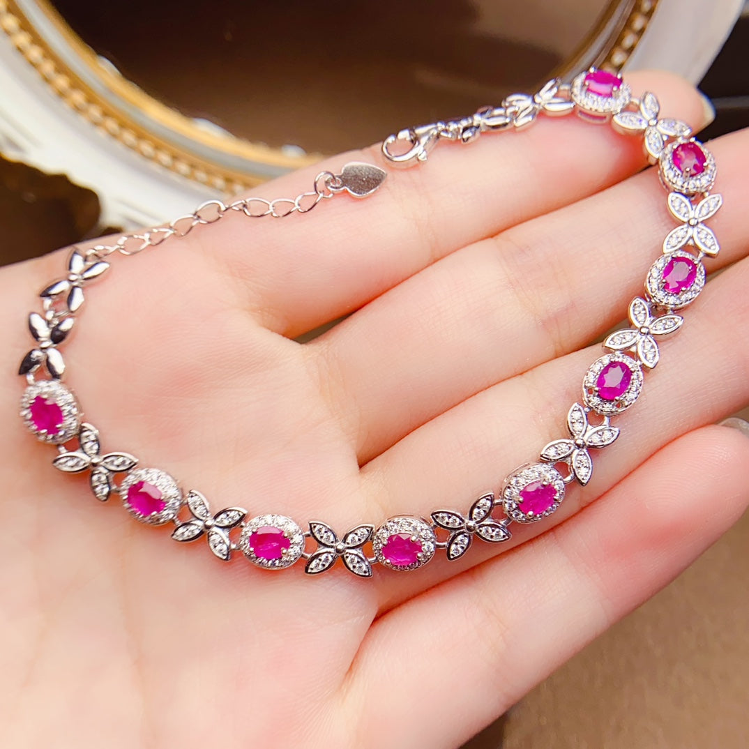 Natural Ruby Bracelet, 925 Silver Setting, Simple Elegant Design, 9pcs 3x4mm Gems, Minimalist Luxury Silver Setting