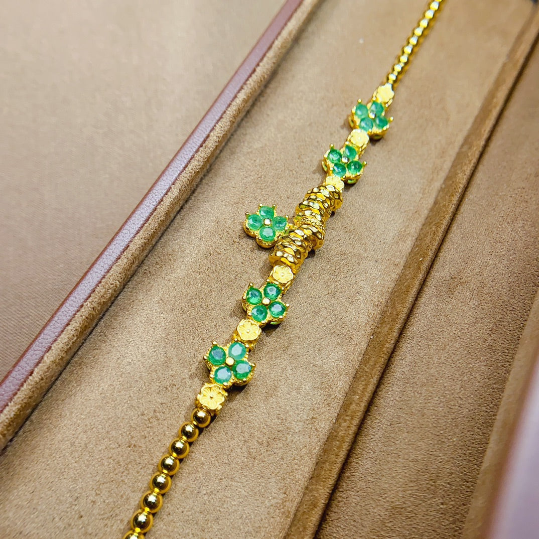 Natural Emerald Bracelet, Gold Plated Four-Leaf Clover Lucky Design with Silver Accents, 925 Silver Setting, 3x3mm Gems