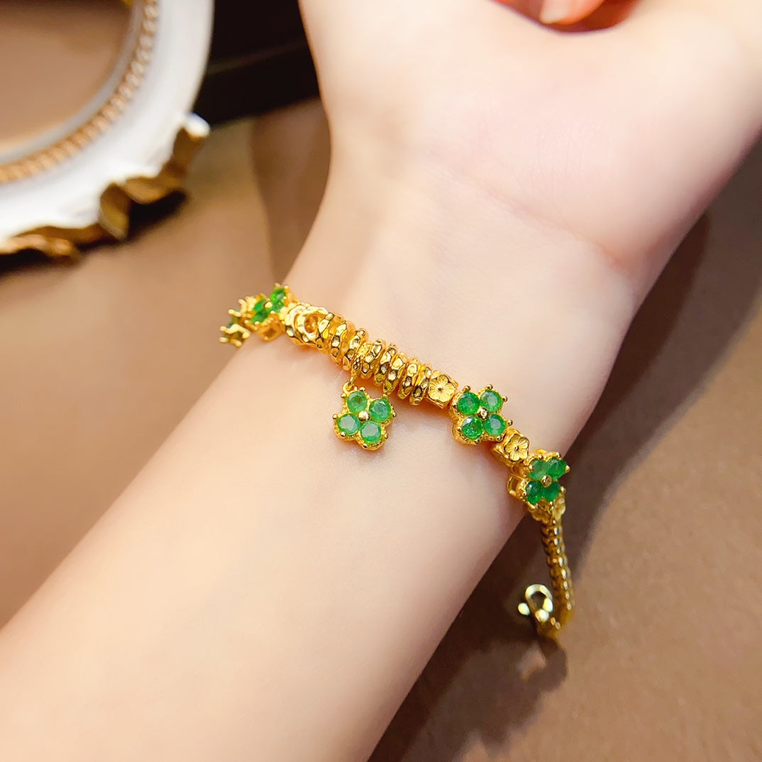Natural Emerald Bracelet, Gold Plated Four-Leaf Clover Lucky Design with Silver Accents, 925 Silver Setting, 3x3mm Gems