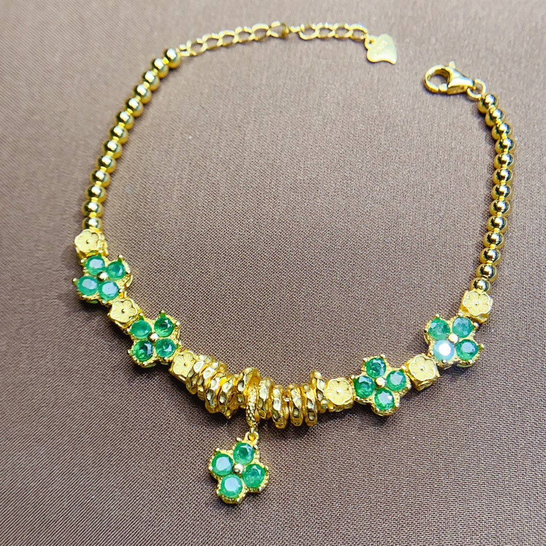 Natural Emerald Bracelet, Gold Plated Four-Leaf Clover Lucky Design with Silver Accents, 925 Silver Setting, 3x3mm Gems
