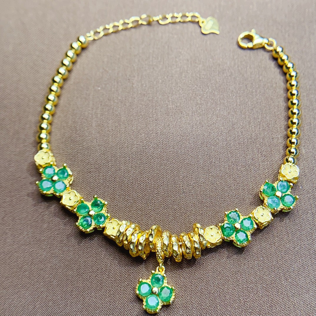Natural Emerald Bracelet, Gold Plated Four-Leaf Clover Lucky Design with Silver Accents, 925 Silver Setting, 3x3mm Gems
