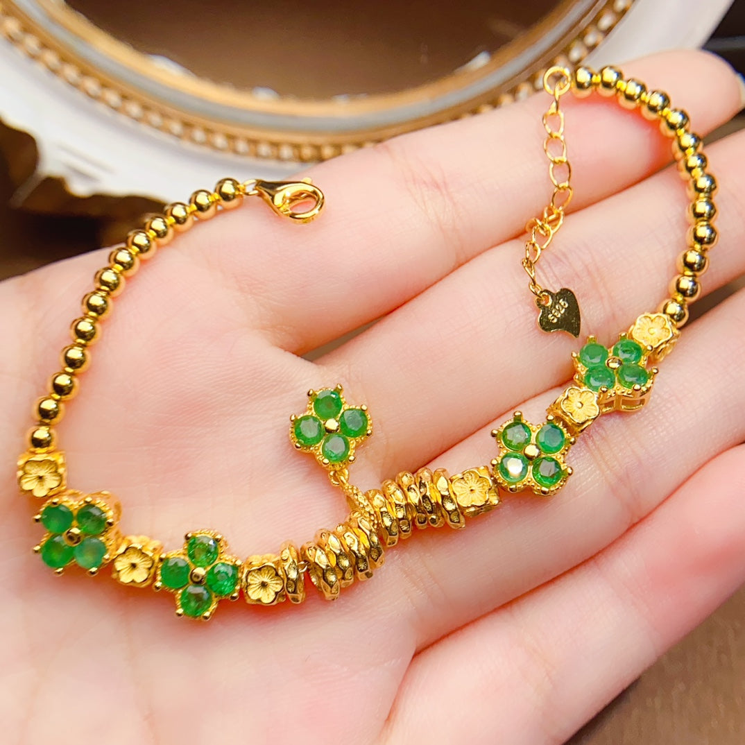 Natural Emerald Bracelet, Gold Plated Four-Leaf Clover Lucky Design with Silver Accents, 925 Silver Setting, 3x3mm Gems