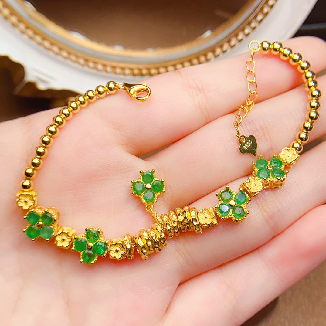 Natural Emerald Bracelet, Gold Plated Four-Leaf Clover Lucky Design with Silver Accents, 925 Silver Setting, 3x3mm Gems