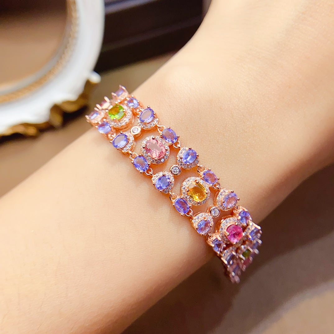 Natural Tanzanite & Tourmaline Bracelet, Heavy Craftsmanship 3-Row Wide Design, 925 Silver Setting, 3x4+4x5mm Gems