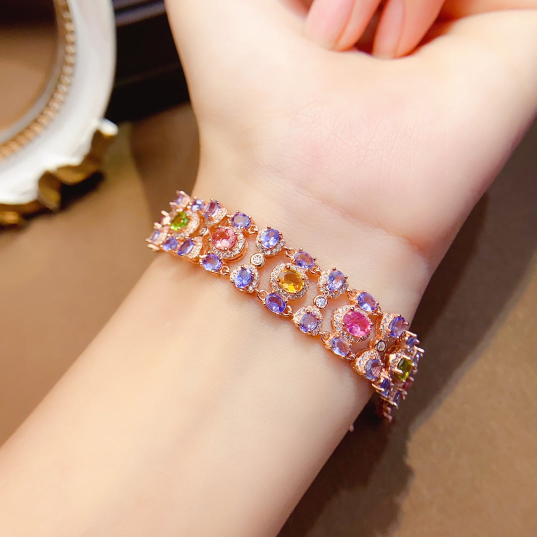 Natural Tanzanite & Tourmaline Bracelet, Heavy Craftsmanship 3-Row Wide Design, 925 Silver Setting, 3x4+4x5mm Gems