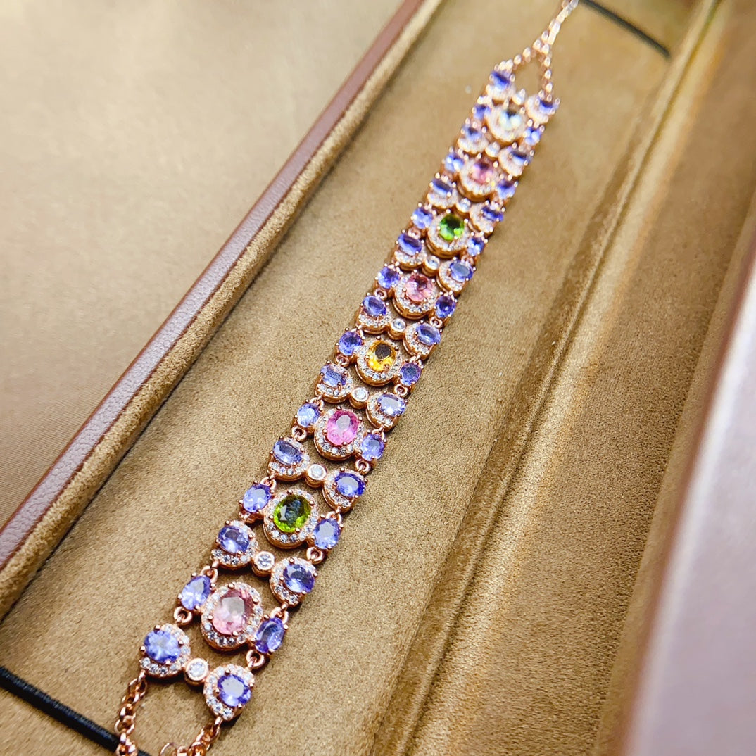 Natural Tanzanite & Tourmaline Bracelet, Heavy Craftsmanship 3-Row Wide Design, 925 Silver Setting, 3x4+4x5mm Gems