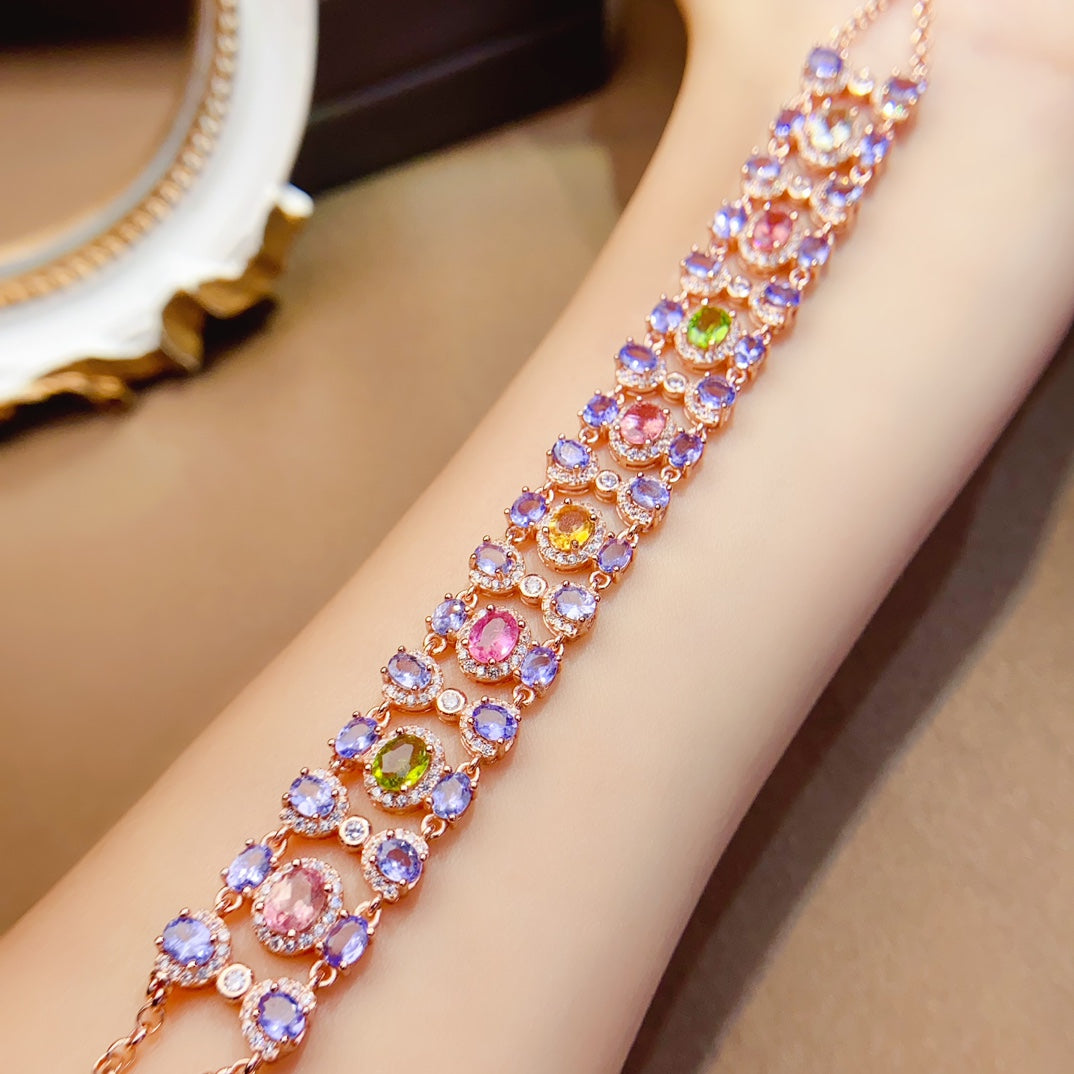 Natural Tanzanite & Tourmaline Bracelet, Heavy Craftsmanship 3-Row Wide Design, 925 Silver Setting, 3x4+4x5mm Gems