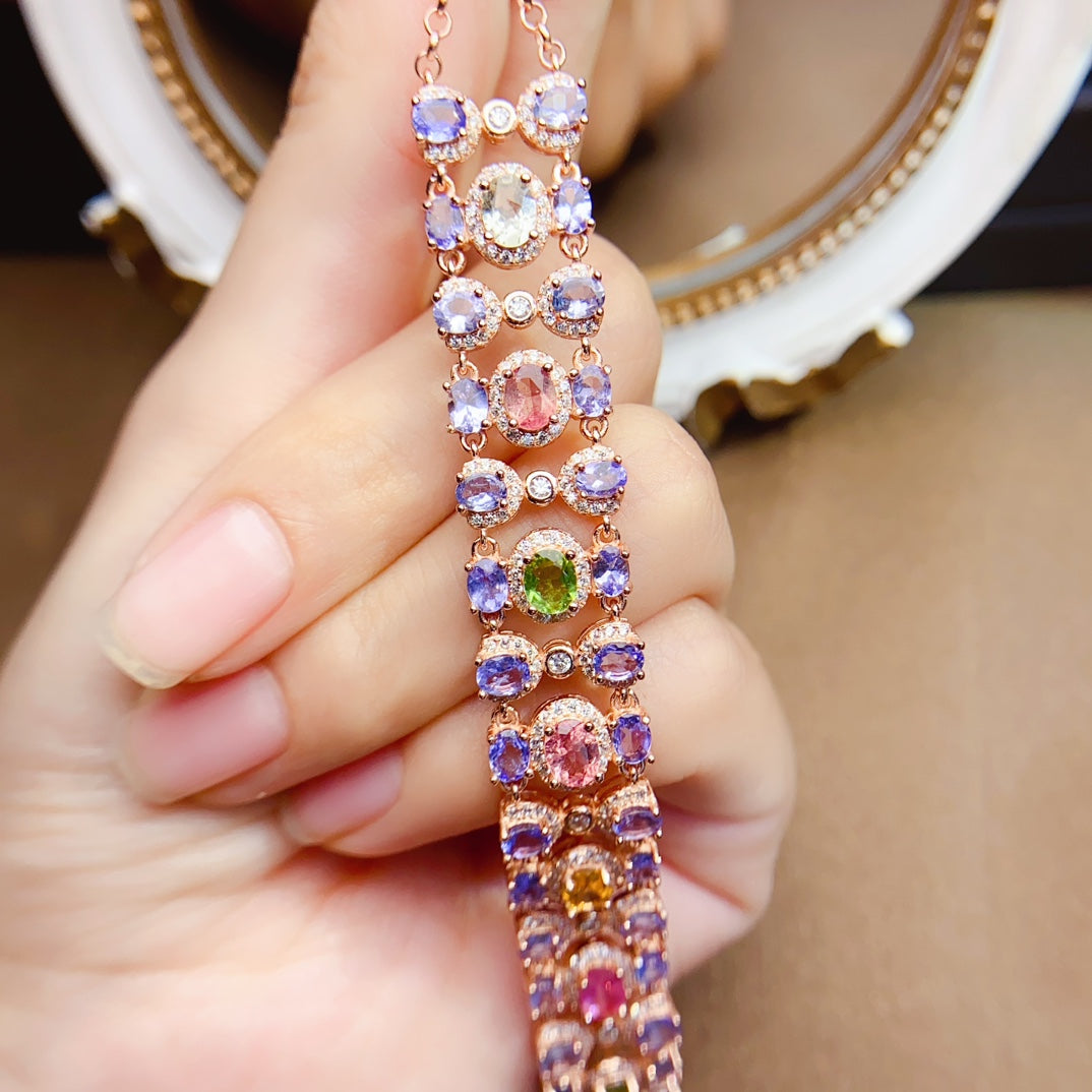 Natural Tanzanite & Tourmaline Bracelet, Heavy Craftsmanship 3-Row Wide Design, 925 Silver Setting, 3x4+4x5mm Gems