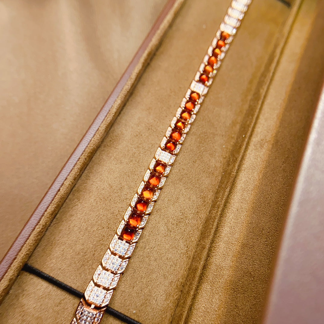 Natural Fanta Garnet Bracelet, Sugar Tower Arrangement, Fashionable Design, 925 Silver Setting, 4x4mm Gems