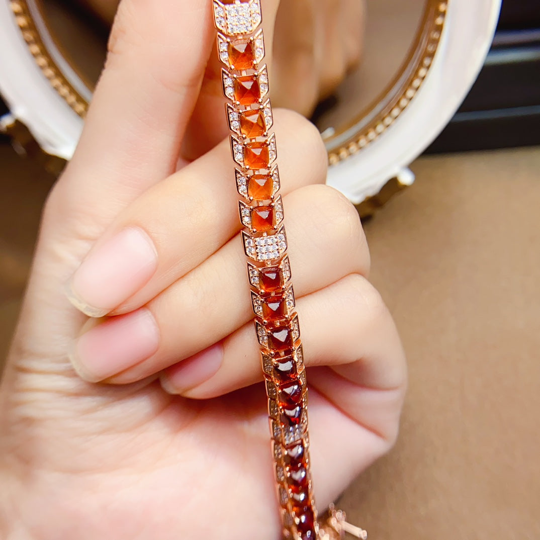 Natural Fanta Garnet Bracelet, Sugar Tower Arrangement, Fashionable Design, 925 Silver Setting, 4x4mm Gems