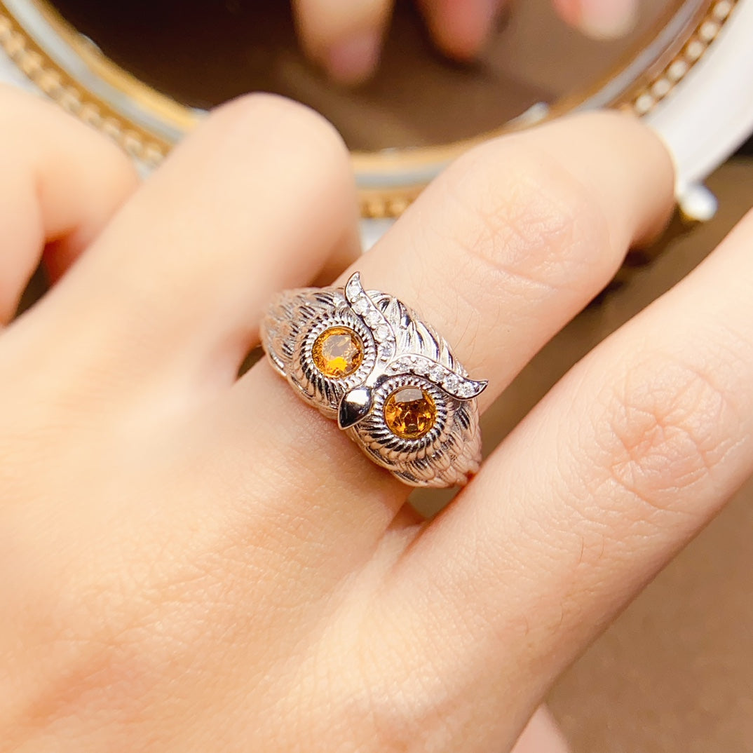 Natural Citrine Adjustable Ring, Owl Design, Simple & Elegant, 925 Silver Setting, 2x2mm Gem