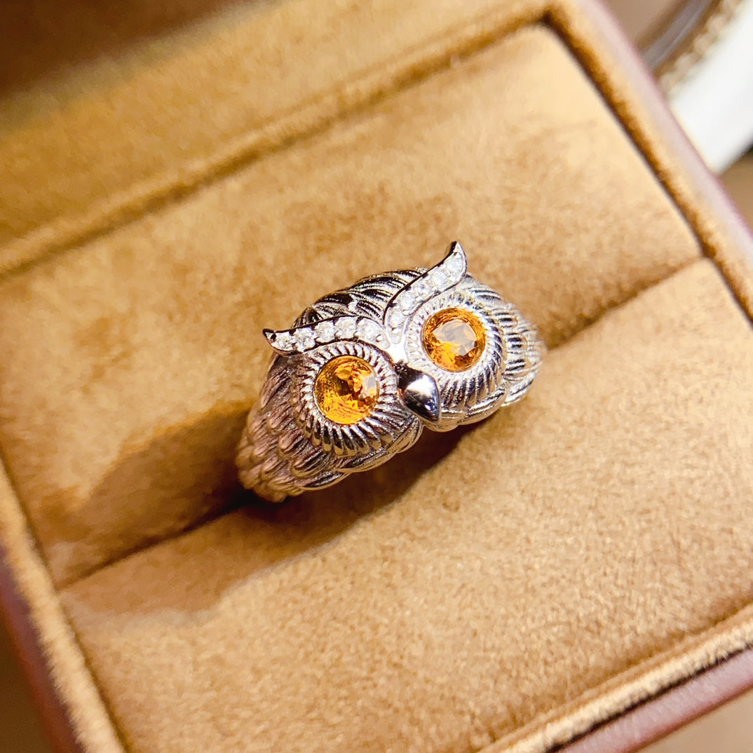 Natural Citrine Adjustable Ring, Owl Design, Simple & Elegant, 925 Silver Setting, 2x2mm Gem