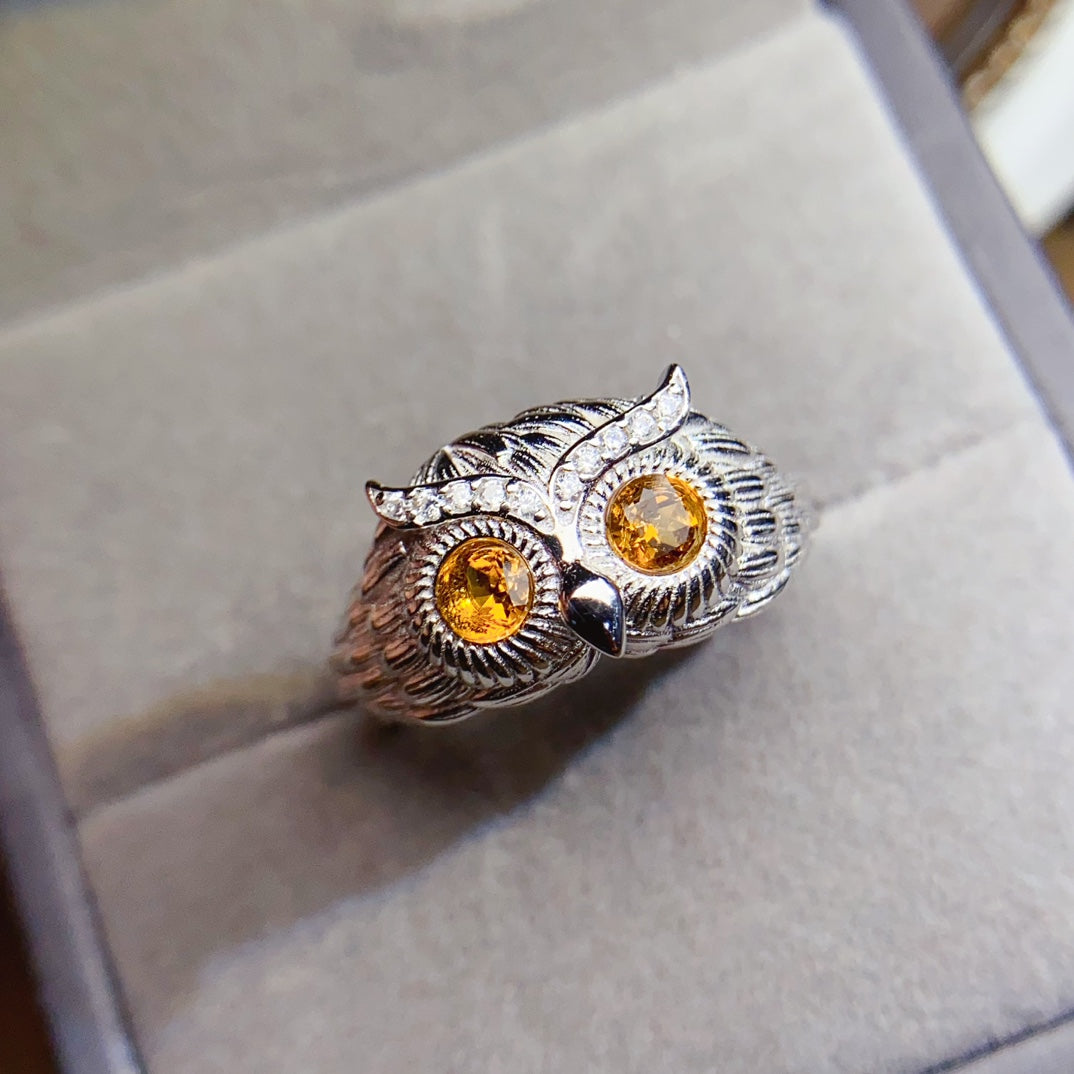 Natural Citrine Adjustable Ring, Owl Design, Simple & Elegant, 925 Silver Setting, 2x2mm Gem