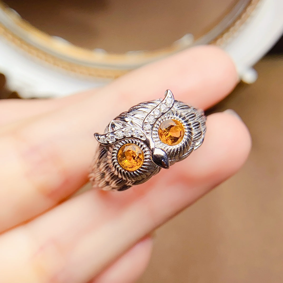 Natural Citrine Adjustable Ring, Owl Design, Simple & Elegant, 925 Silver Setting, 2x2mm Gem