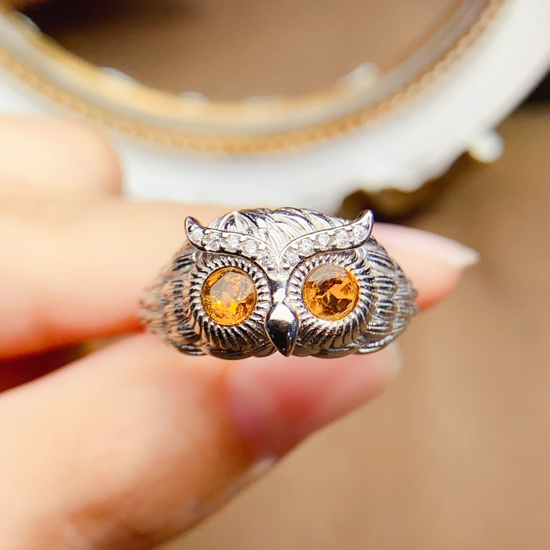 Natural Citrine Adjustable Ring, Owl Design, Simple & Elegant, 925 Silver Setting, 2x2mm Gem