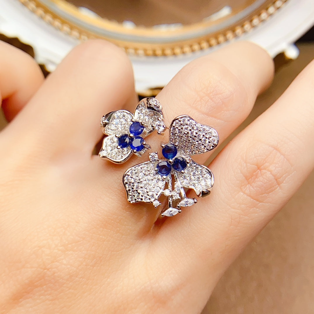 Natural Sapphire Adjustable Ring, Double Flower Surround Design, 925 Silver Setting, Simple & Elegant, 3x3mm Gems