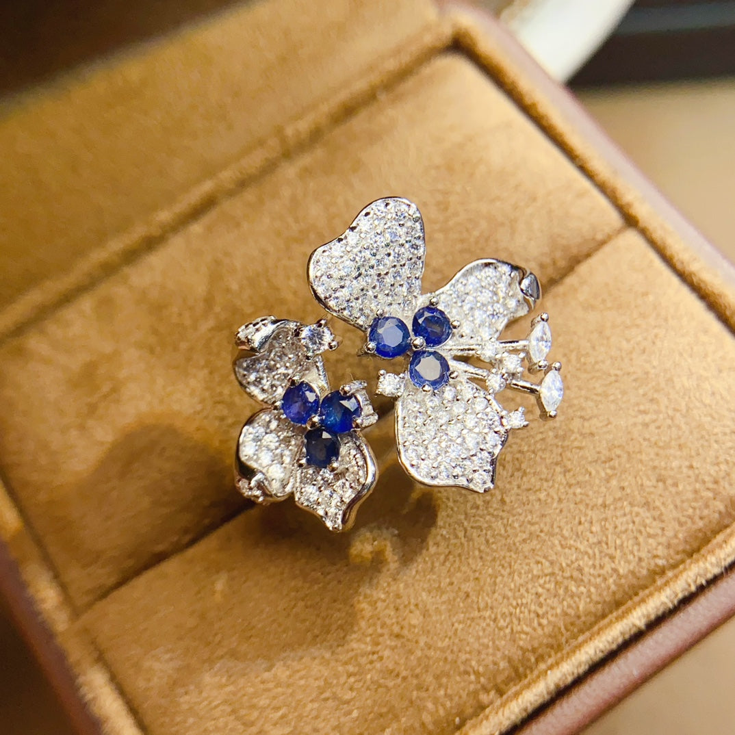 Natural Sapphire Adjustable Ring, Double Flower Surround Design, 925 Silver Setting, Simple & Elegant, 3x3mm Gems
