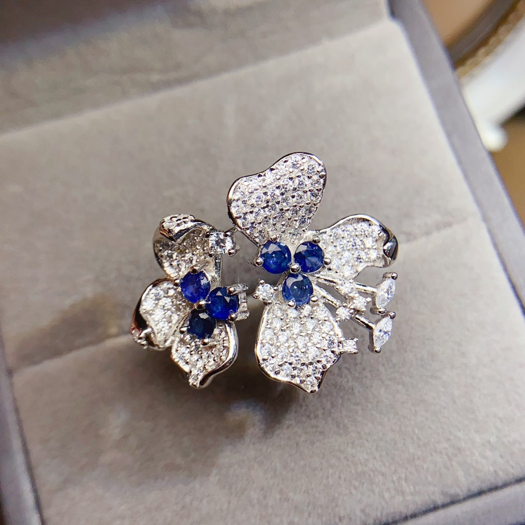 Natural Sapphire Adjustable Ring, Double Flower Surround Design, 925 Silver Setting, Simple & Elegant, 3x3mm Gems