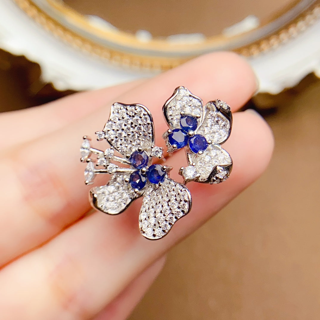Natural Sapphire Adjustable Ring, Double Flower Surround Design, 925 Silver Setting, Simple & Elegant, 3x3mm Gems