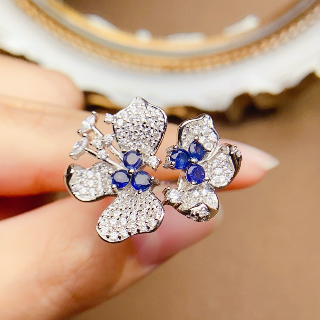 Natural Sapphire Adjustable Ring, Double Flower Surround Design, 925 Silver Setting, Simple & Elegant, 3x3mm Gems