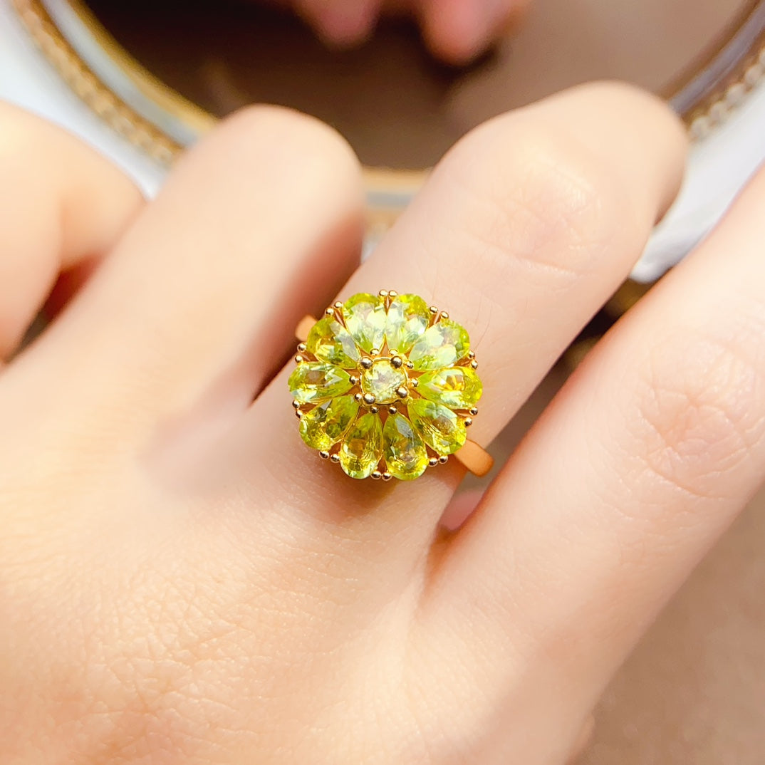 Natural Peridot Adjustable Ring, Sunflower Design, 925 Silver Setting, Beautiful Color, 3x5mm Gem