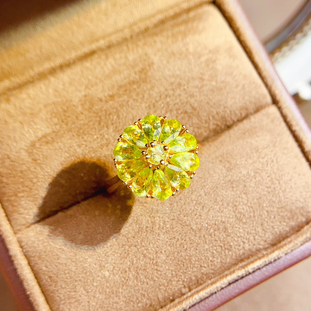 Natural Peridot Adjustable Ring, Sunflower Design, 925 Silver Setting, Beautiful Color, 3x5mm Gem
