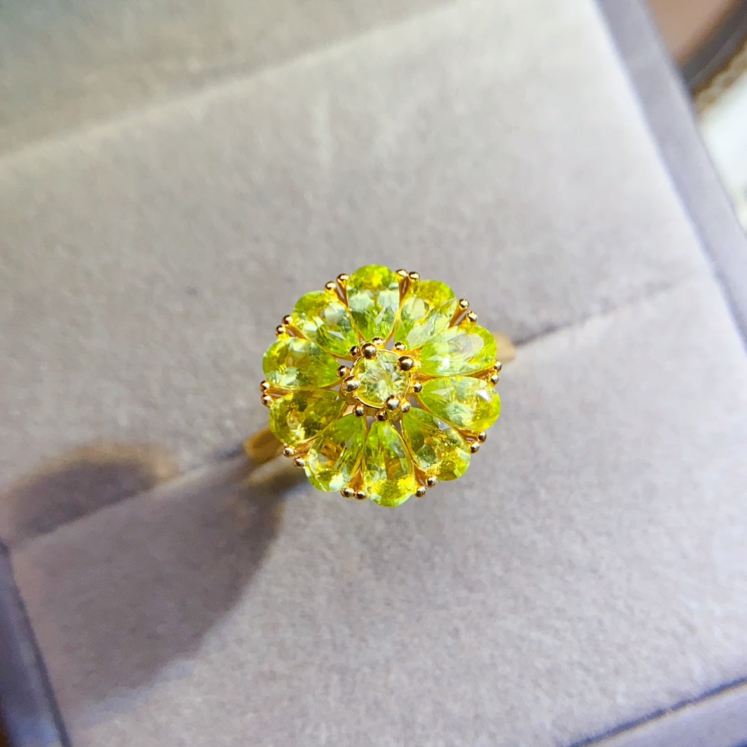 Natural Peridot Adjustable Ring, Sunflower Design, 925 Silver Setting, Beautiful Color, 3x5mm Gem