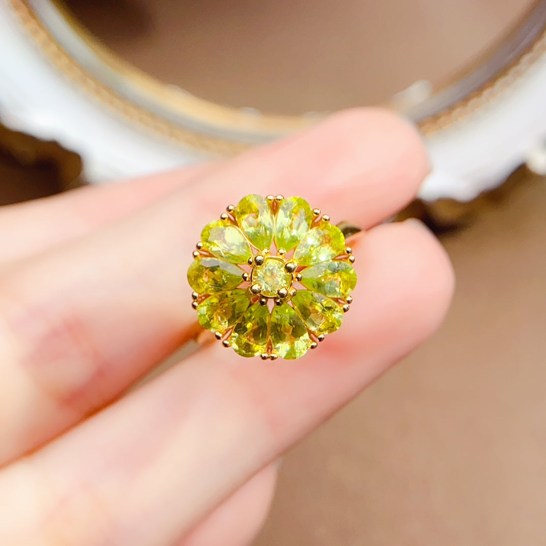 Natural Peridot Adjustable Ring, Sunflower Design, 925 Silver Setting, Beautiful Color, 3x5mm Gem