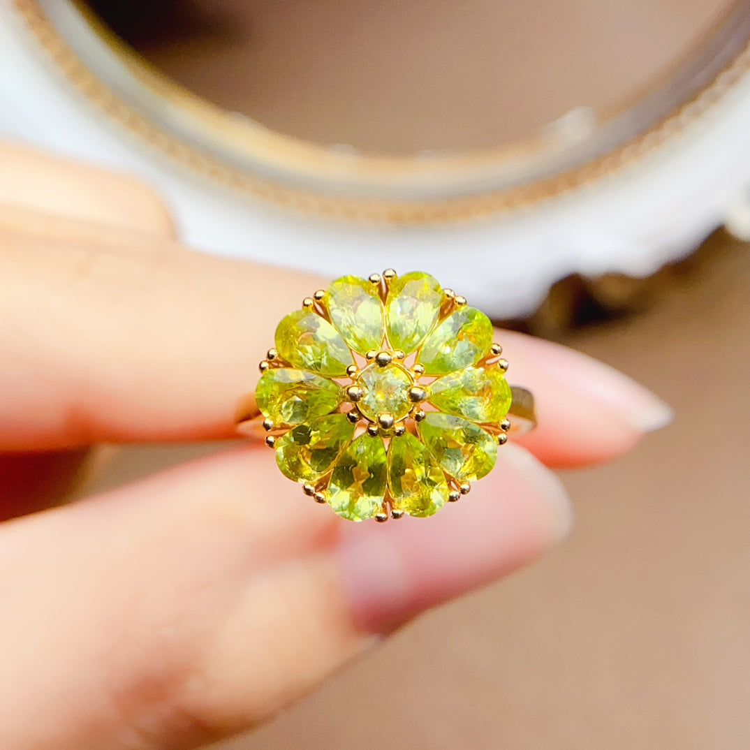 Natural Peridot Adjustable Ring, Sunflower Design, 925 Silver Setting, Beautiful Color, 3x5mm Gem
