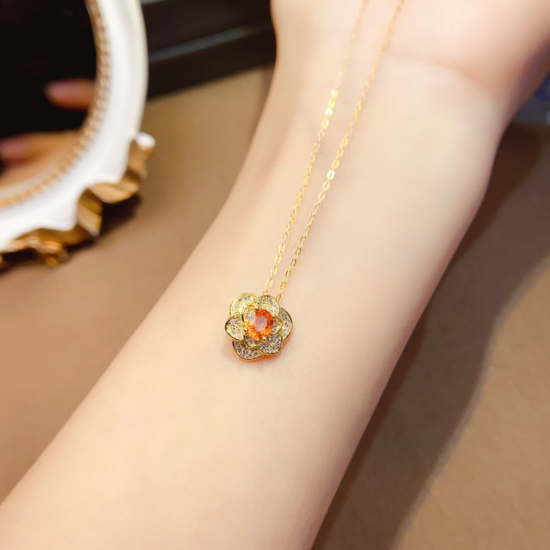Natural Fanta Garnet Pendant Necklace, Gold Flower Design, 925 Silver Setting, Simple & Elegant, Beautiful Color, 4x5mm Gem