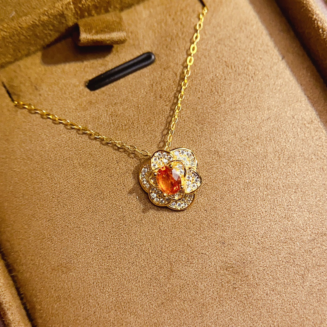Natural Fanta Garnet Pendant Necklace, Gold Flower Design, 925 Silver Setting, Simple & Elegant, Beautiful Color, 4x5mm Gem