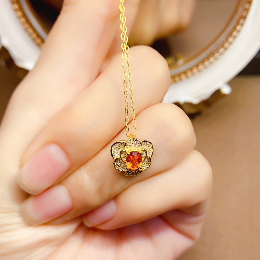 Natural Fanta Garnet Pendant Necklace, Gold Flower Design, 925 Silver Setting, Simple & Elegant, Beautiful Color, 4x5mm Gem