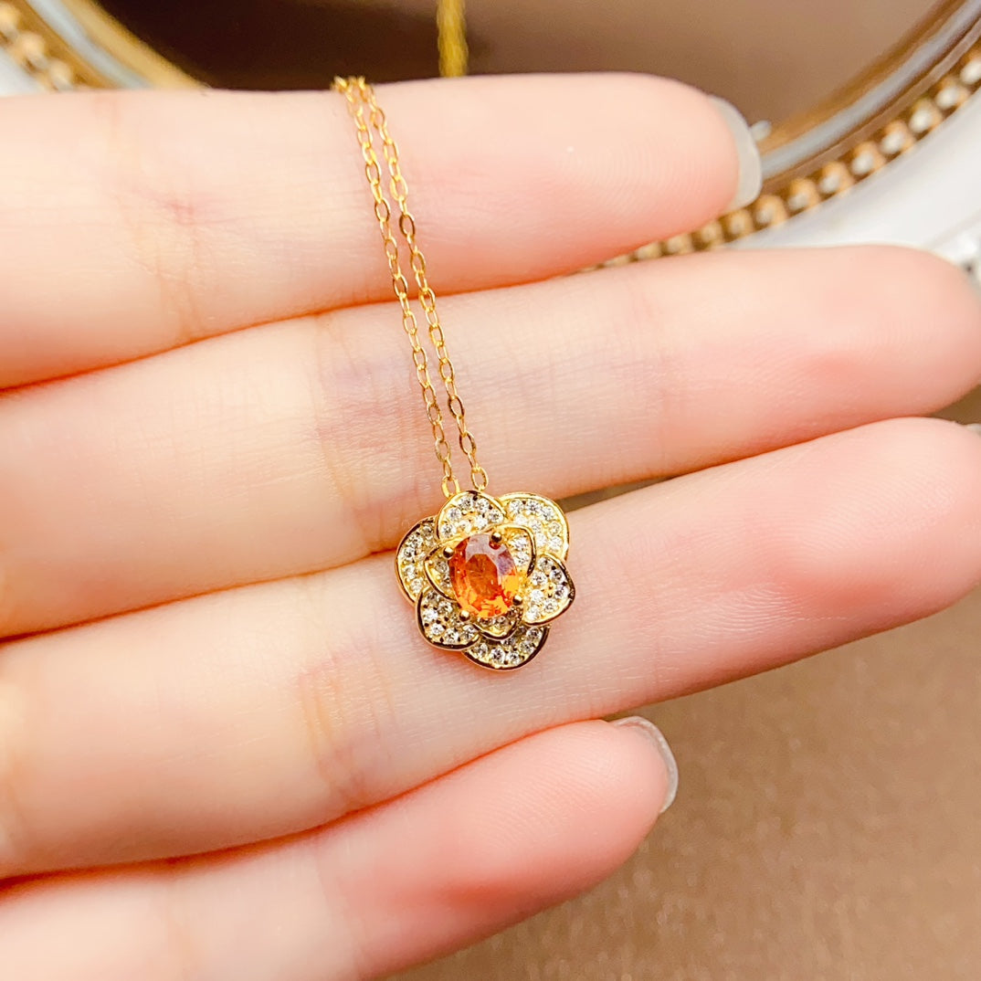 Natural Fanta Garnet Pendant Necklace, Gold Flower Design, 925 Silver Setting, Simple & Elegant, Beautiful Color, 4x5mm Gem