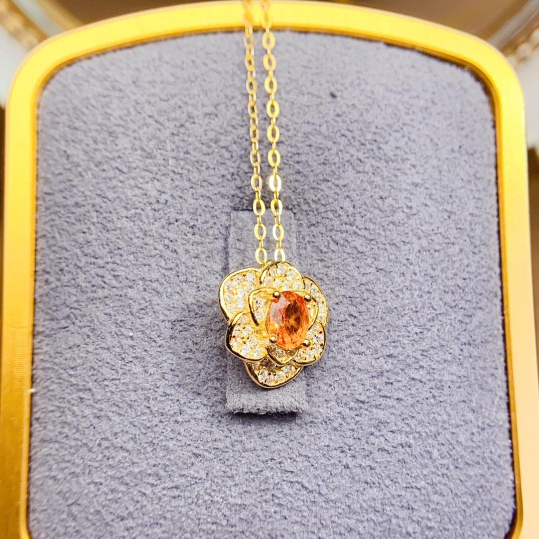 Natural Fanta Garnet Pendant Necklace, Gold Flower Design, 925 Silver Setting, Simple & Elegant, Beautiful Color, 4x5mm Gem