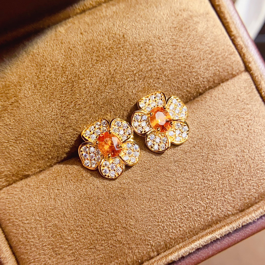 Natural Fanta Garnet Earrings, Small Flower Design with Gold Trim, 925 Silver Setting, Simple & Elegant, Beautiful Color, 4x5mm Gems