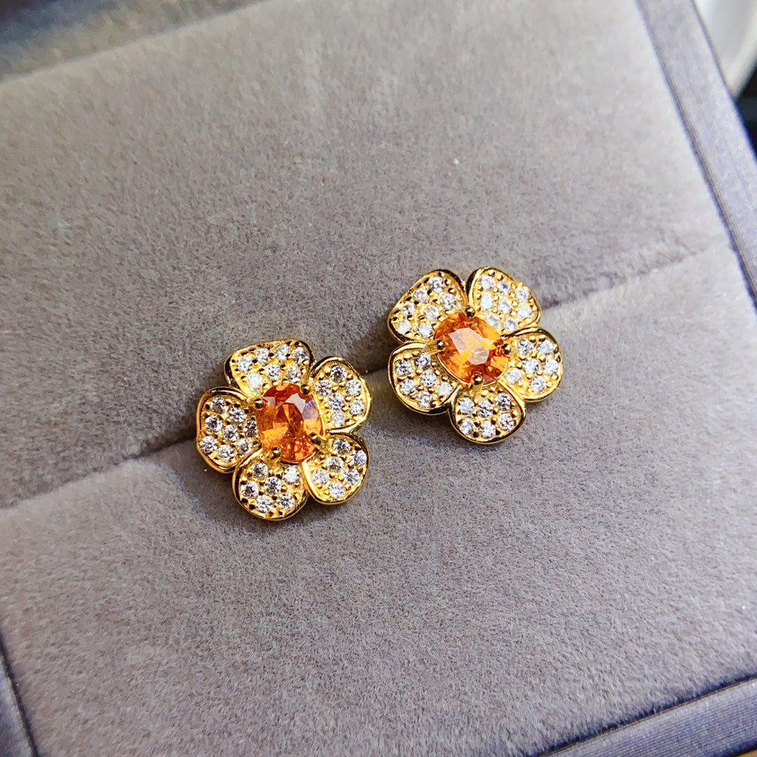 Natural Fanta Garnet Earrings, Small Flower Design with Gold Trim, 925 Silver Setting, Simple & Elegant, Beautiful Color, 4x5mm Gems