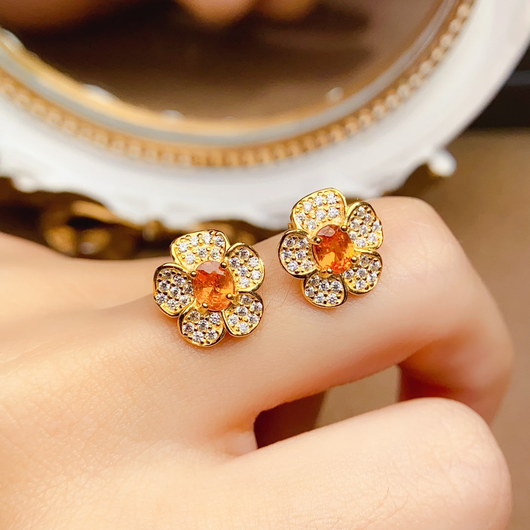 Natural Fanta Garnet Earrings, Small Flower Design with Gold Trim, 925 Silver Setting, Simple & Elegant, Beautiful Color, 4x5mm Gems