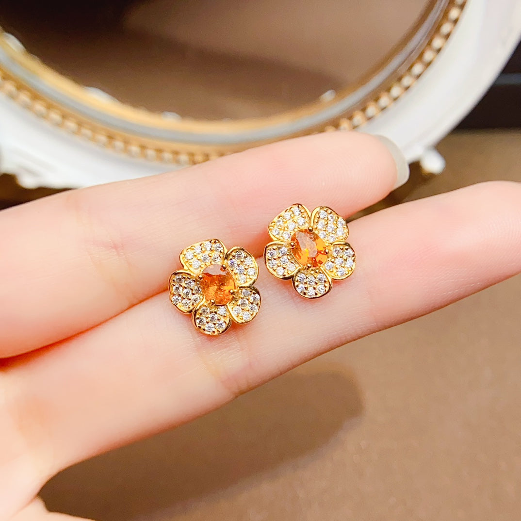 Natural Fanta Garnet Earrings, Small Flower Design with Gold Trim, 925 Silver Setting, Simple & Elegant, Beautiful Color, 4x5mm Gems