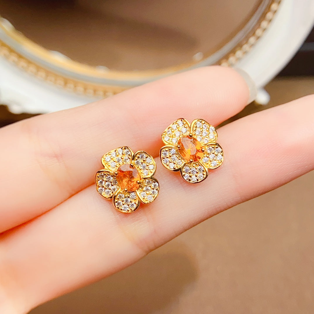 Natural Fanta Garnet Earrings, Small Flower Design with Gold Trim, 925 Silver Setting, Simple & Elegant, Beautiful Color, 4x5mm Gems